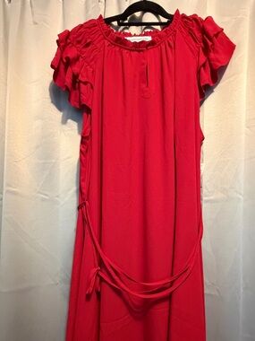 Red Ruffle Sleeve Midi Dress
